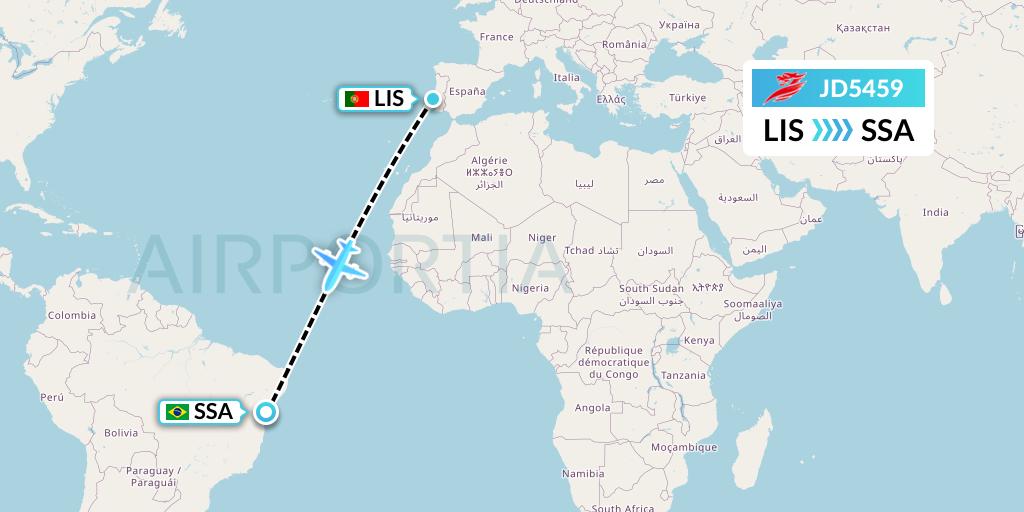 JD5459 Capital Airlines Flight Map: Lisbon to Salvador