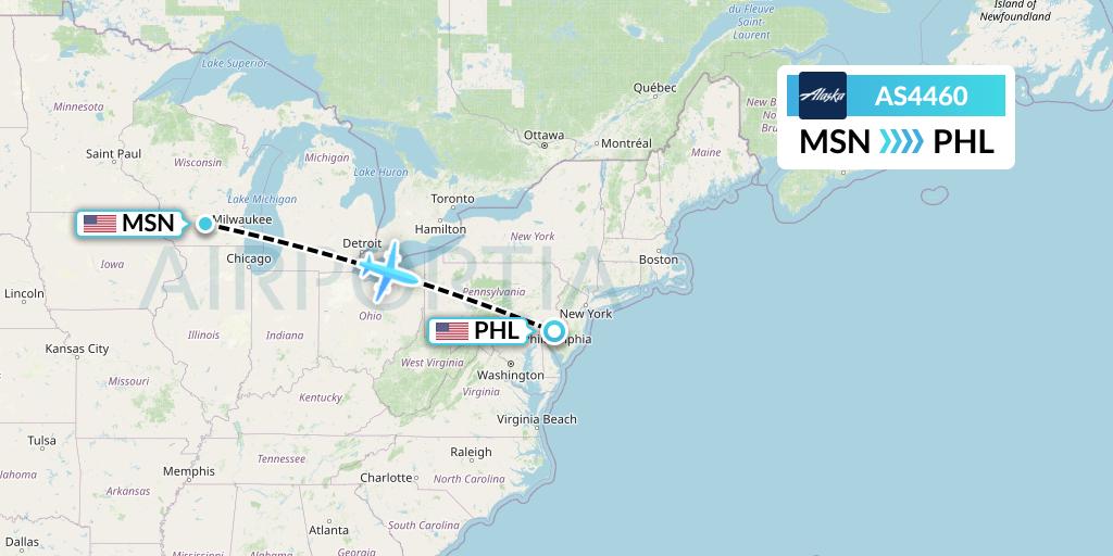 AS4460 Alaska Airlines Flight Map: Madison to Philadelphia