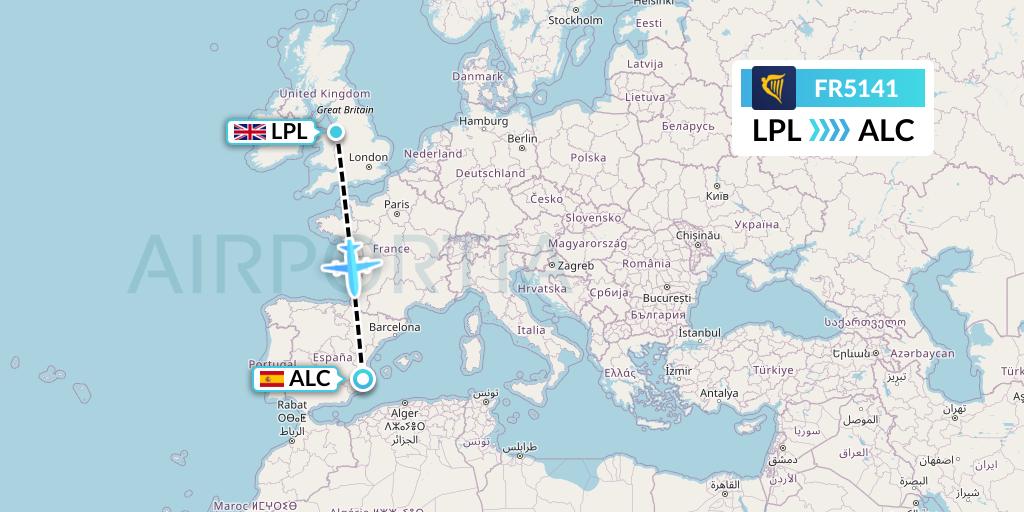 FR5141 Ryanair Flight Map: Liverpool to Alicante