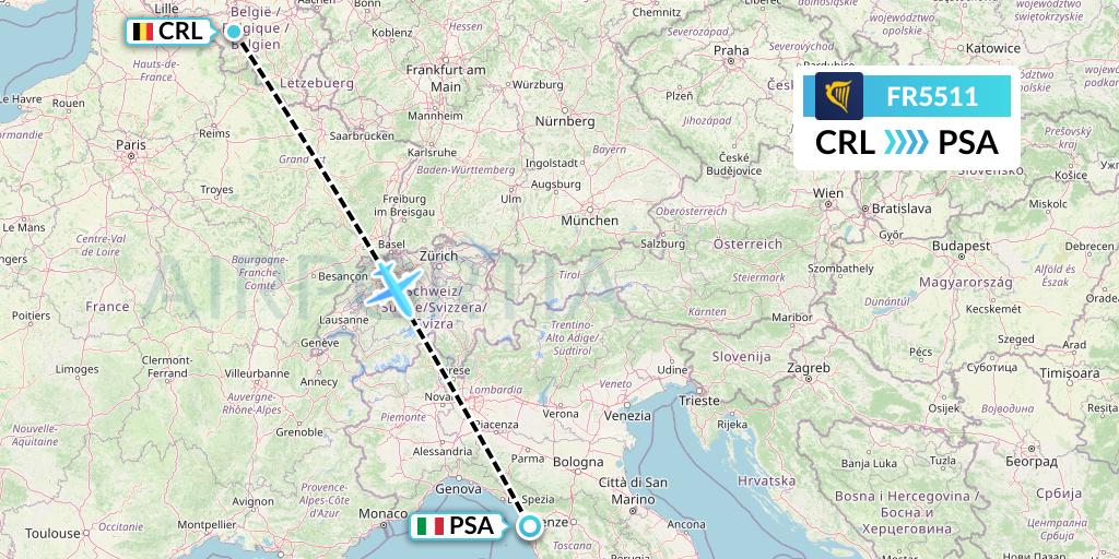FR5511 Ryanair Flight Map: Brussels to Pisa