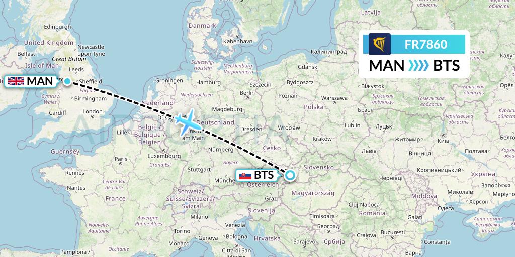 FR7860 Ryanair Flight Map: Manchester to Bratislava