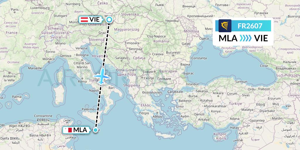 FR2607 Ryanair Flight Map: Malta to Vienna