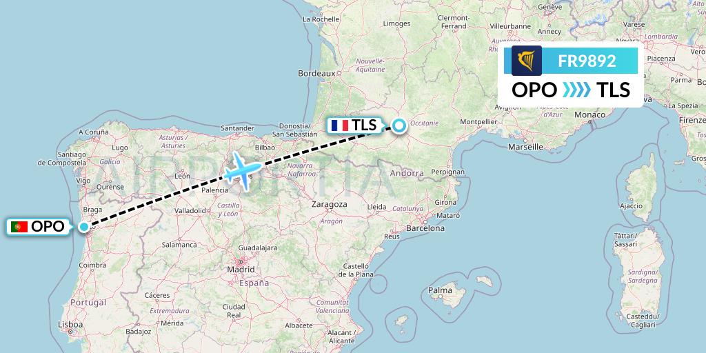 FR9892 Ryanair Flight Map: Porto to Toulouse