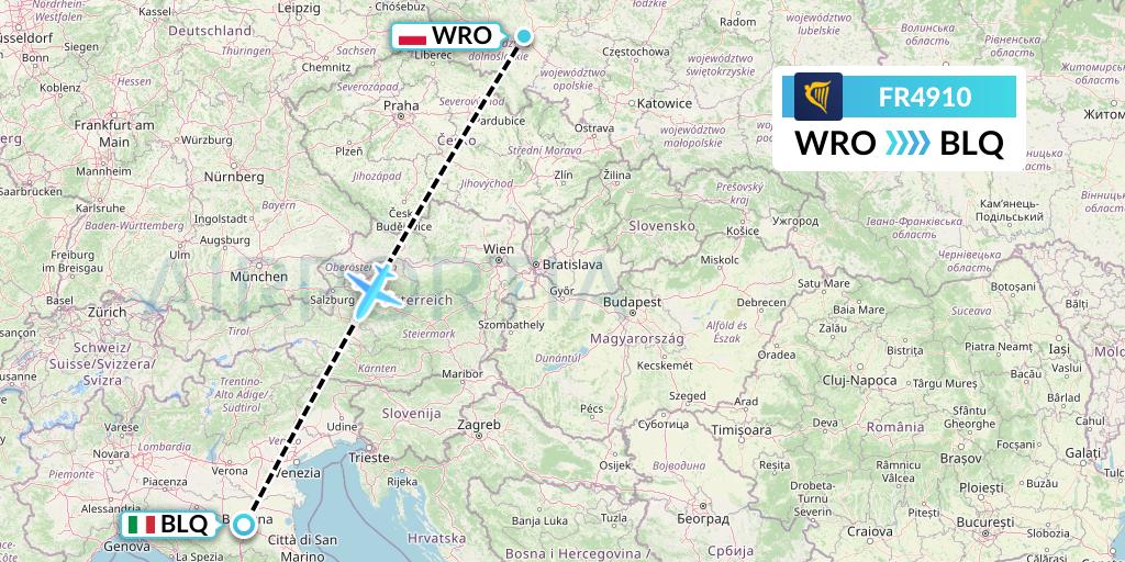 FR4910 Ryanair Flight Map: Wroclaw to Bologna