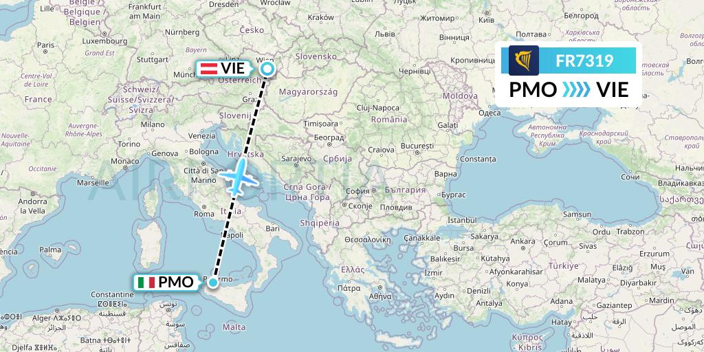 FR7319 Ryanair Flight Map: Palermo to Vienna