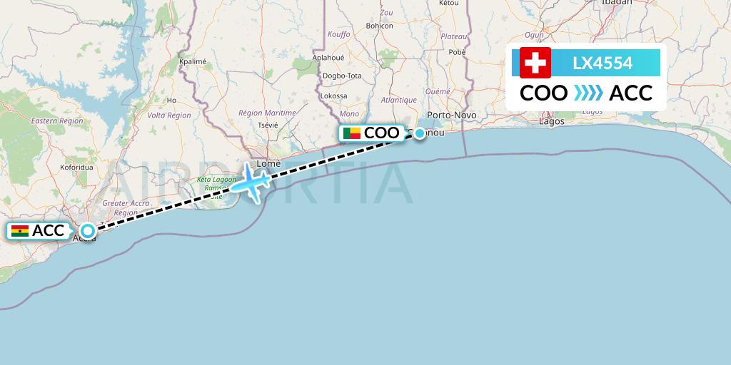 LX4554 Swiss Flight Map: Cotonou to Accra