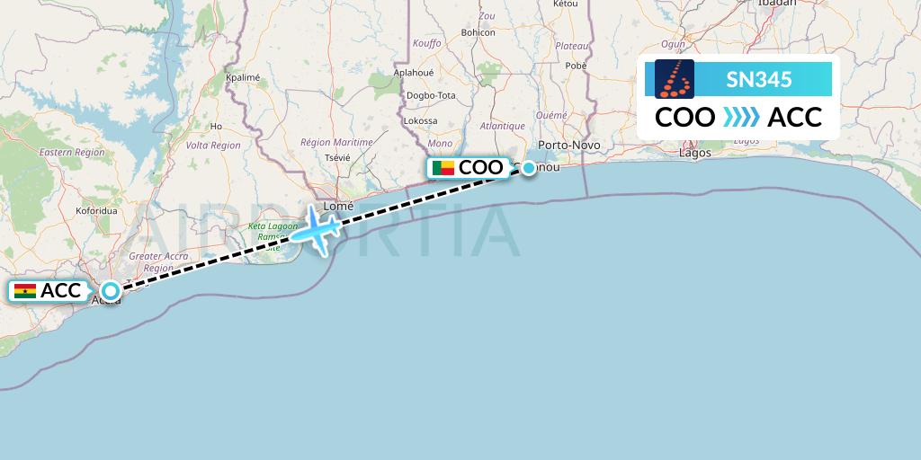 SN345 Brussels Airlines Flight Map: Cotonou to Accra