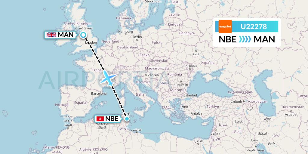 U22278 EasyJet Flight Map: Enfidha to Manchester