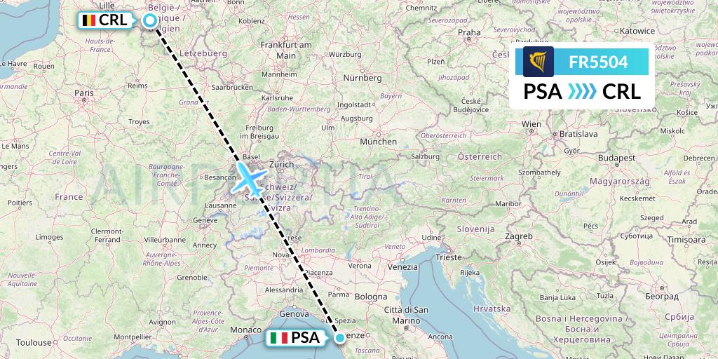 FR5504 Ryanair Flight Map: Pisa to Brussels