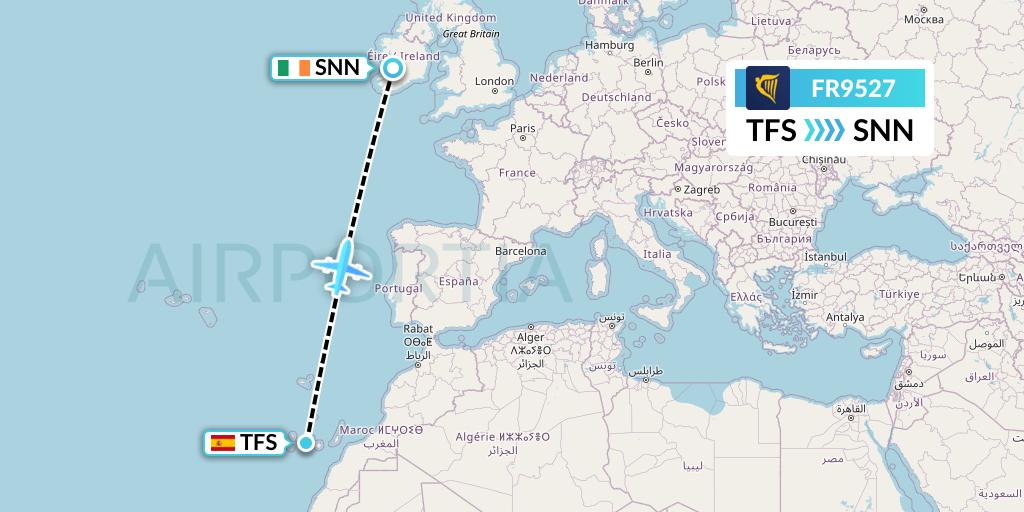 FR9527 Ryanair Flight Map: Tenerife to Shannon