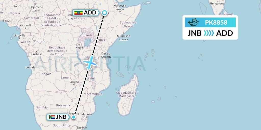 PK8858 Pakistan International Airlines Flight Map: Johannesburg to Addis Ababa