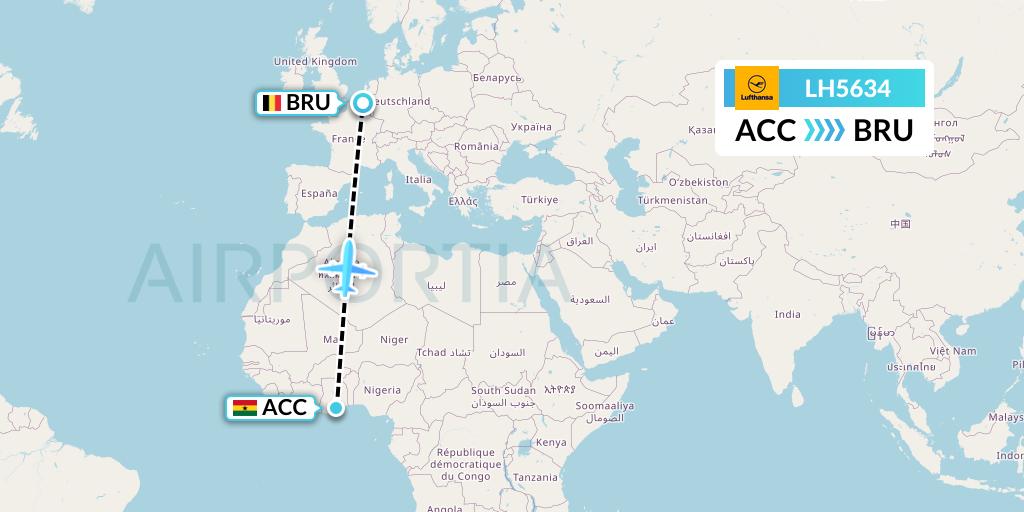 LH5634 Lufthansa Flight Map: Accra to Brussels