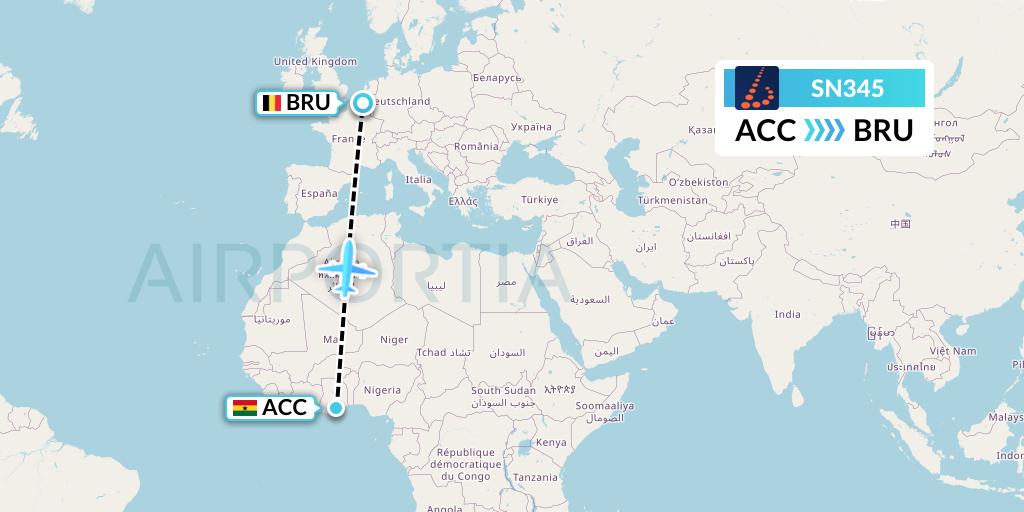 SN345 Brussels Airlines Flight Map: Accra to Brussels
