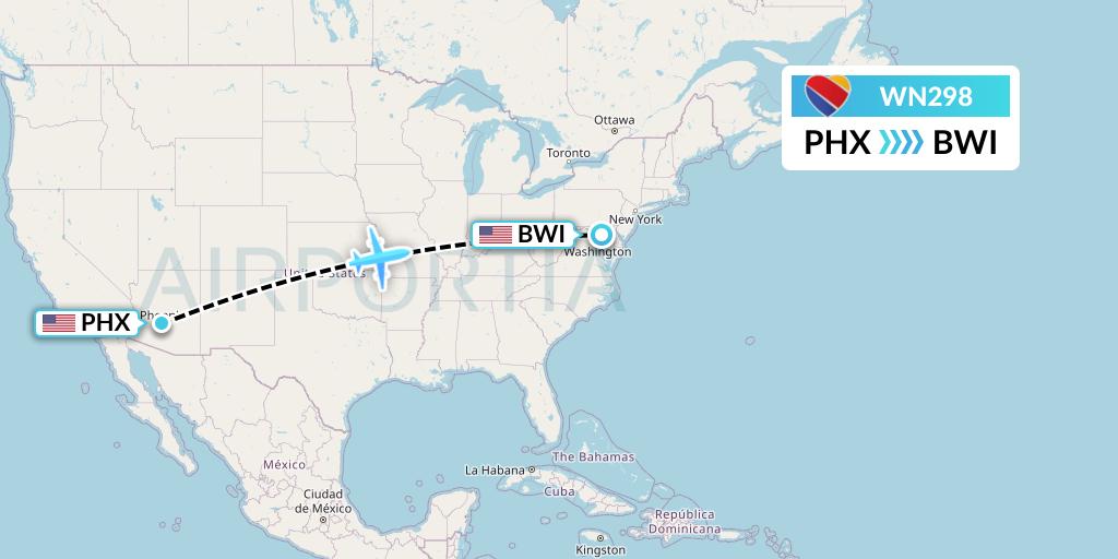 WN298 Southwest Airlines Flight Map: Phoenix to Baltimore