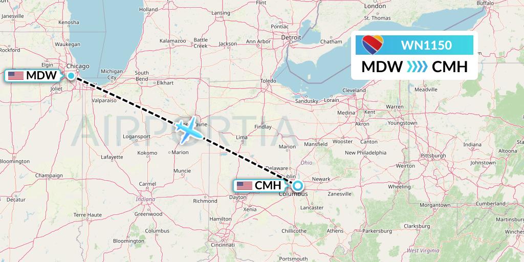 WN1150 Southwest Airlines Flight Map: Chicago to Columbus