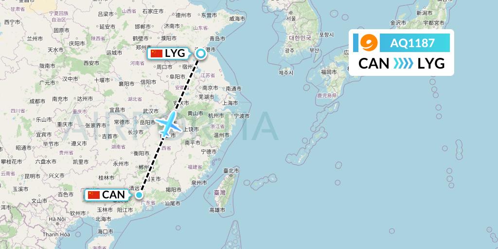 AQ1187 9 Air Flight Map: Guangzhou to Lianyungang