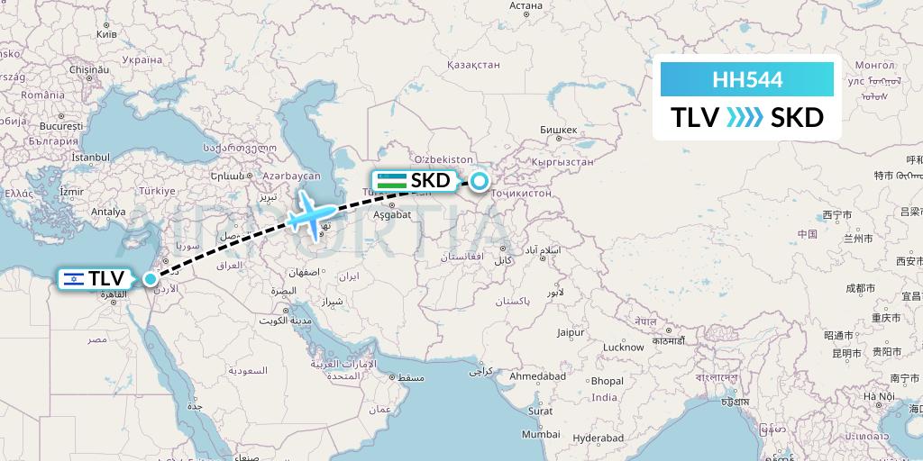 HH544 Qanot Sharq Flight Map: Tel Aviv to Samarkand