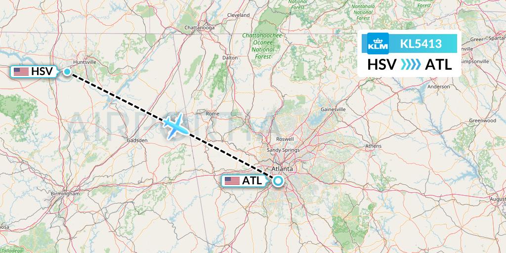 KL5413 KLM Flight Map: Huntsville to Atlanta