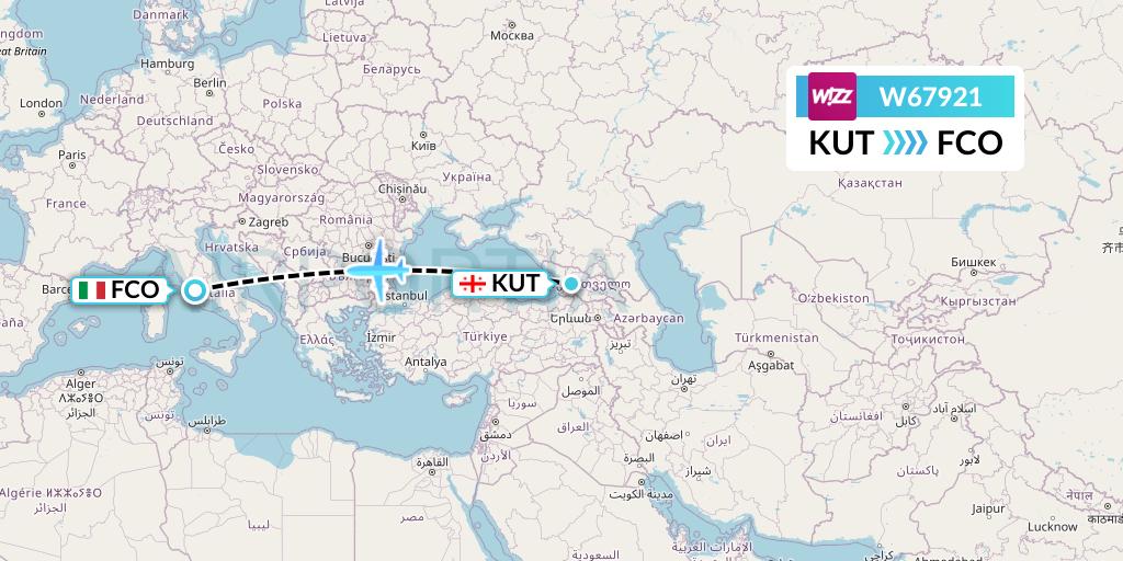 W67921 Wizz Air Flight Map: Kutaisi to Rome