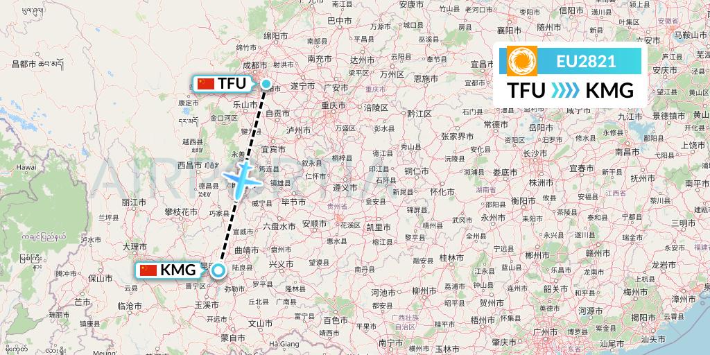 EU2821 Chengdu Airlines Flight Map: Chengdu to Kunming