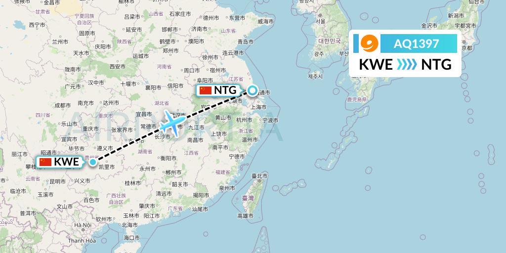 AQ1397 9 Air Flight Map: Guiyang to Nantong