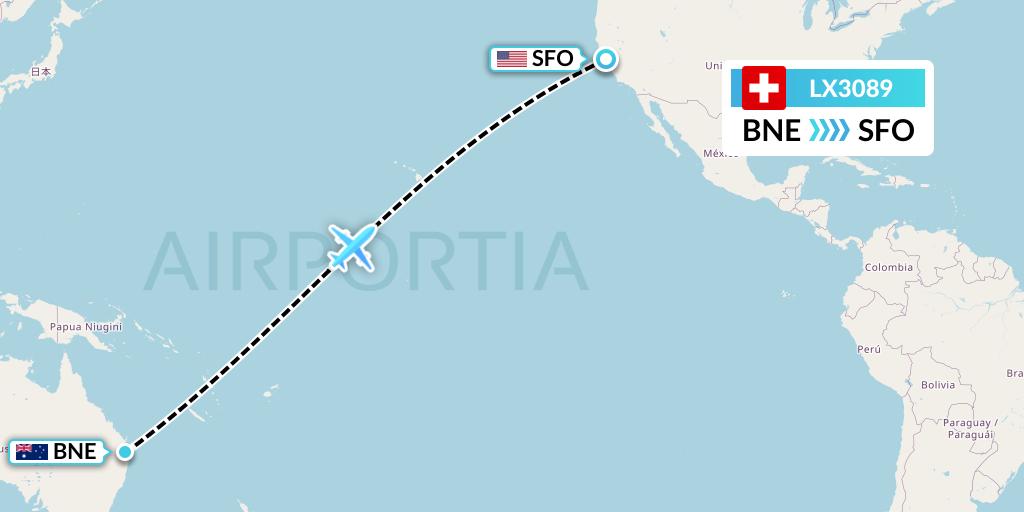 LX3089 Swiss Flight Map: Brisbane to San Francisco