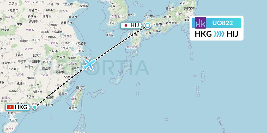 UO822 Hong Kong Express Flight Map: Hong Kong to Hiroshima