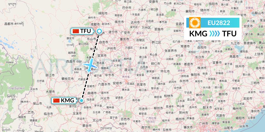 EU2822 Chengdu Airlines Flight Map: Kunming to Chengdu