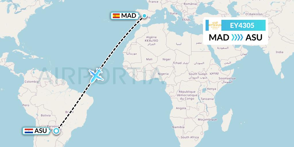 EY4305 Etihad Airways Flight Map: Madrid to Asuncion