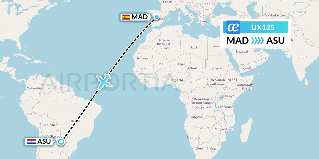 UX125 Air Europa Flight Map: Madrid to Asuncion