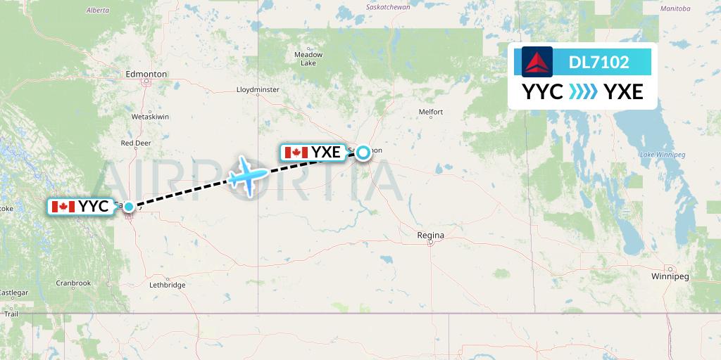 DL7102 Delta Air Lines Flight Map: Calgary to Saskatoon