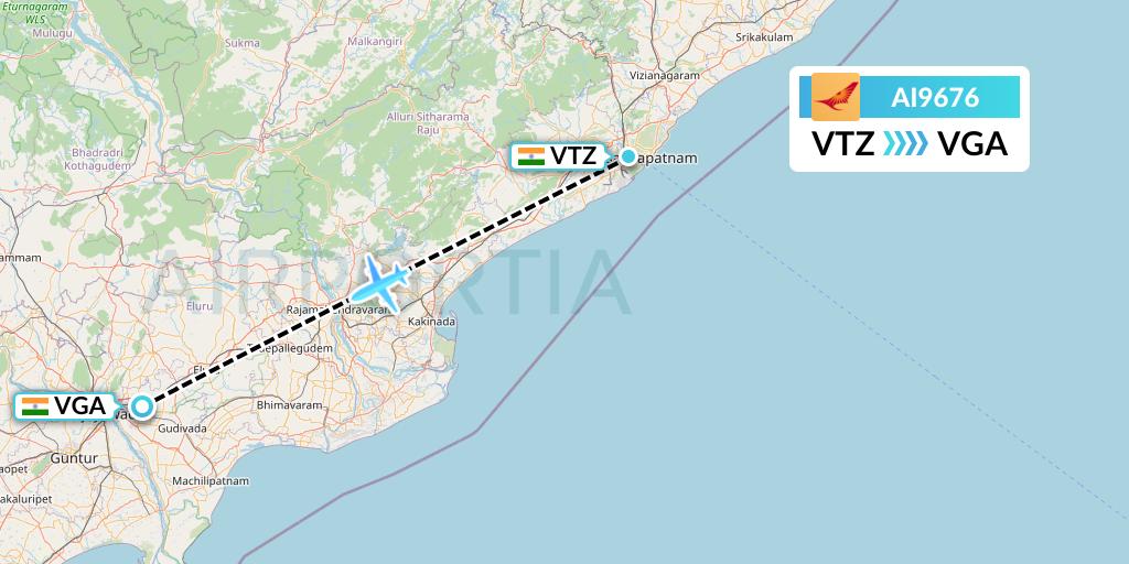 AI9676 Air India Flight Map: Visakhapatnam to Vijayawada