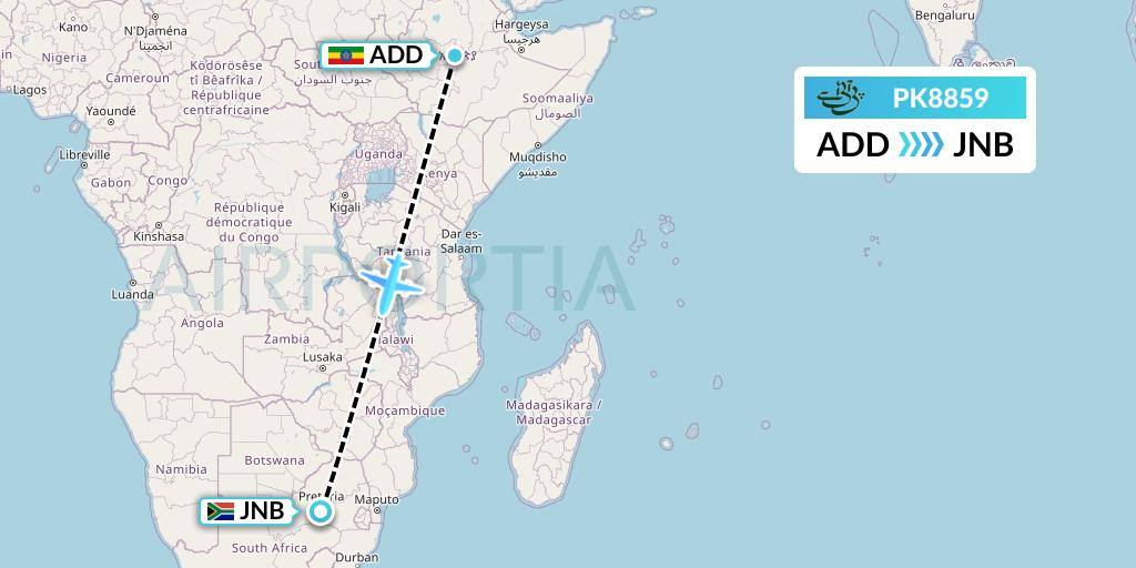 PK8859 Pakistan International Airlines Flight Map: Addis Ababa to Johannesburg