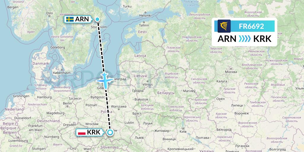 FR6692 Ryanair Flight Map: Stockholm to Krakow