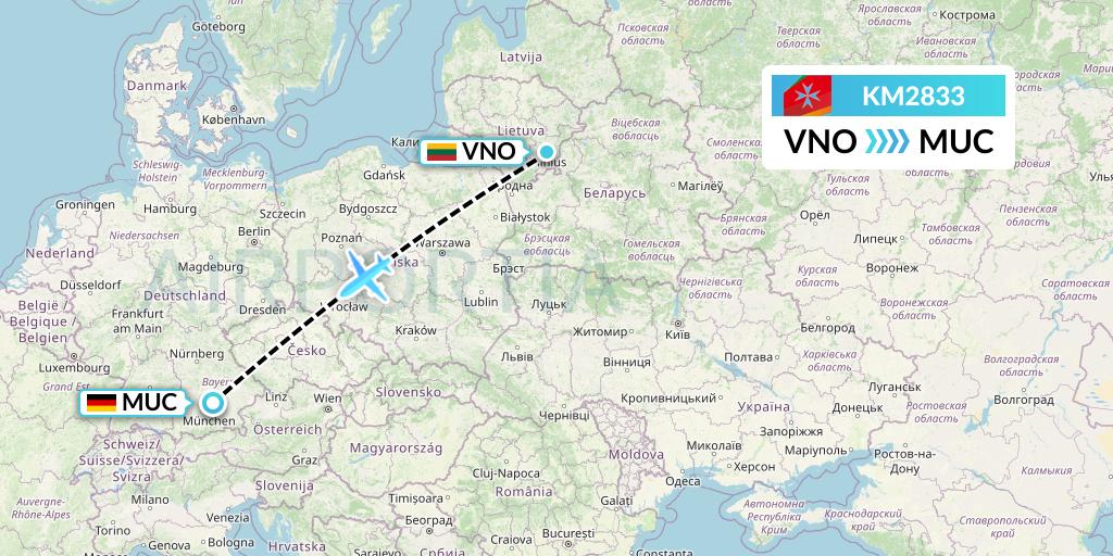 KM2833 Air Malta Flight Map: Vilnius to Munich