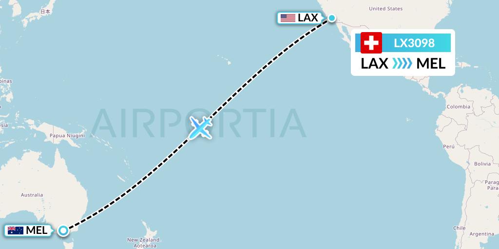 LX3098 Swiss Flight Map: Los Angeles to Melbourne