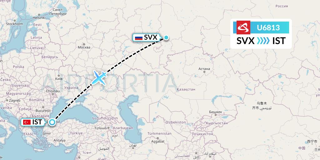 U6813 Ural Airlines Flight Map: Yekaterinburg to Istanbul