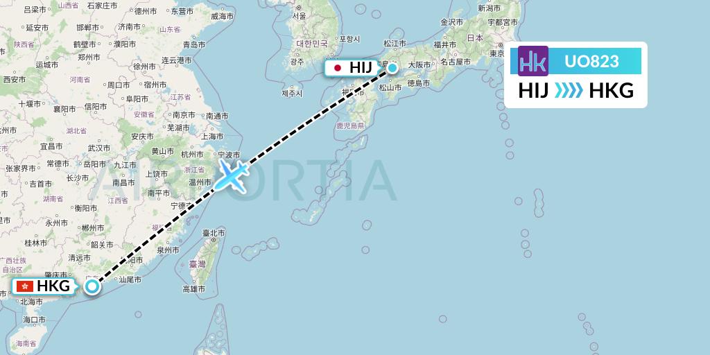 UO823 Hong Kong Express Flight Map: Hiroshima to Hong Kong