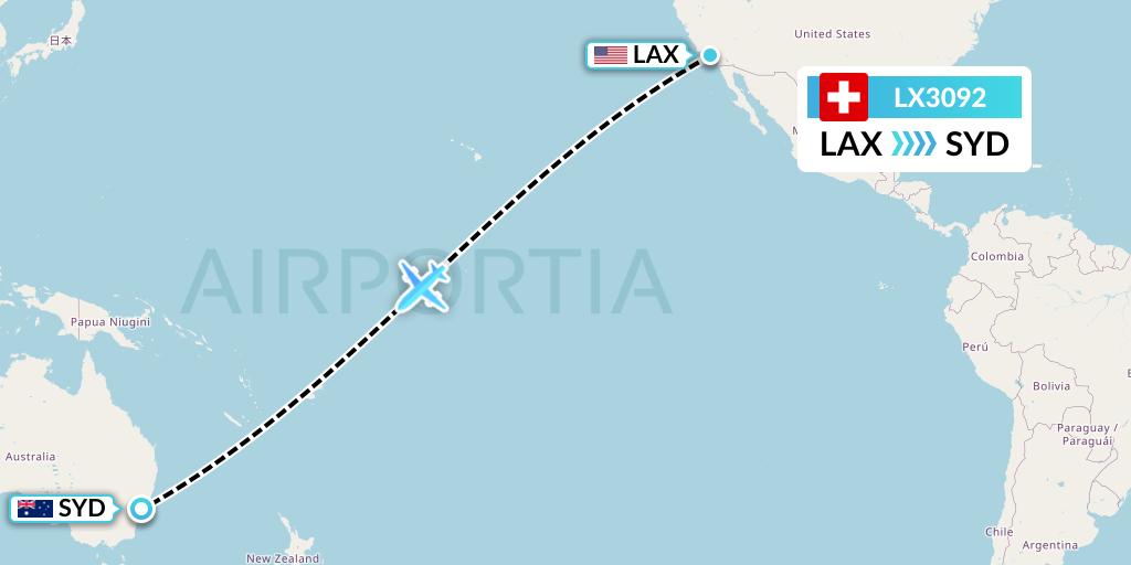 LX3092 Swiss Flight Map: Los Angeles to Sydney