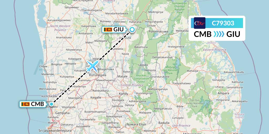 C79303 Cinnamon Air Flight Map: Colombo to Sigiriya