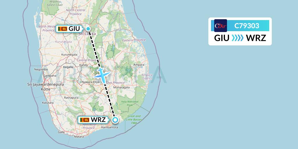 C79303 Cinnamon Air Flight Map: Sigiriya to Weerawila