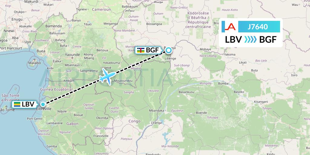 J7640 Afrijet Business Services Flight Map: Libreville to Bangui