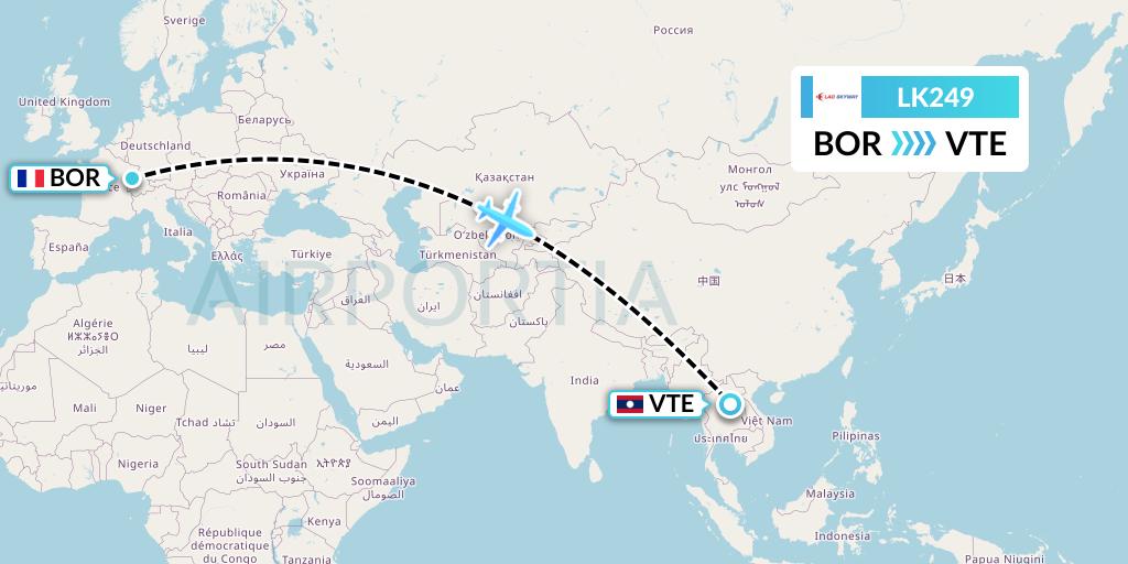 LK249 Lao Skyway Flight Map: Belfort to Vientiane