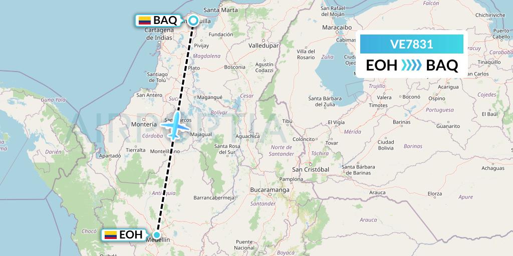 VE7831 Easyfly Flight Map: Medellin to Barranquilla