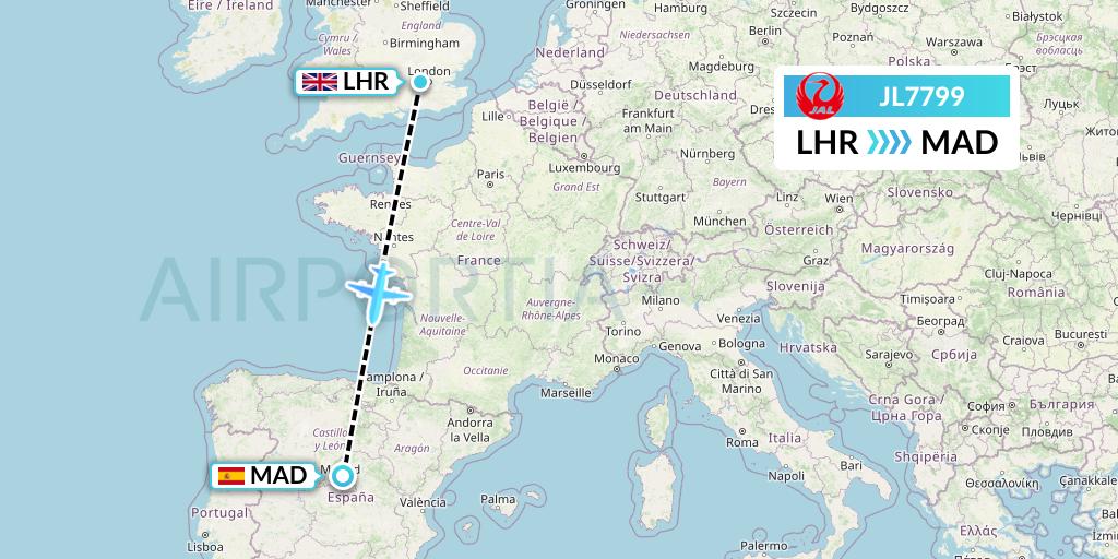 JL7799 Japan Airlines Flight Map: London to Madrid