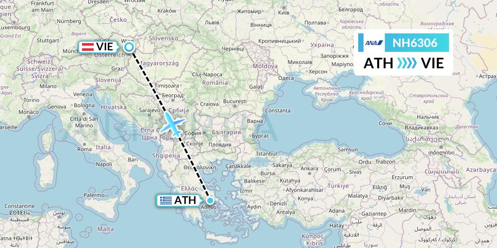 NH6306 All Nippon Airways Flight Map: Athens to Vienna