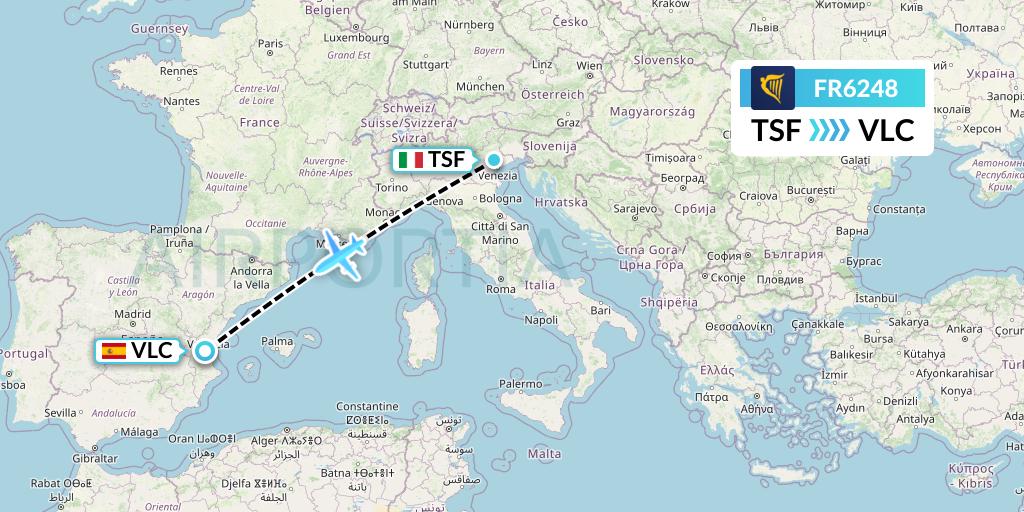 FR6248 Ryanair Flight Map: Treviso to Valencia