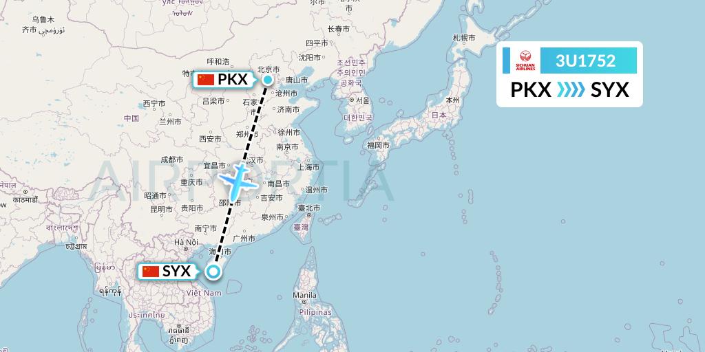 3U1752 Sichuan Airlines Flight Map: Beijing to Sanya