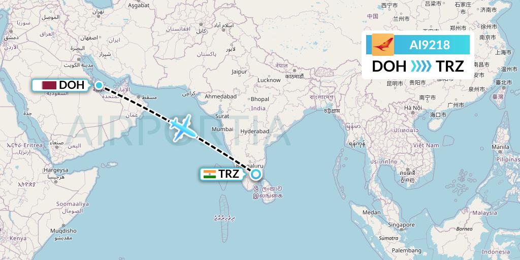 AI9218 Air India Flight Map: Doha to Tiruchirapalli