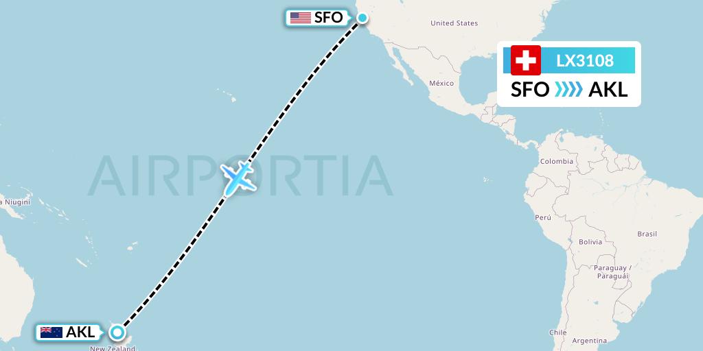LX3108 Swiss Flight Map: San Francisco to Auckland